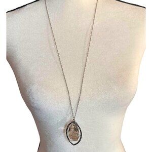 Vintage Teardrop Smoky Gemstone Pendant Necklace Silver Tone Chain Pear Almond